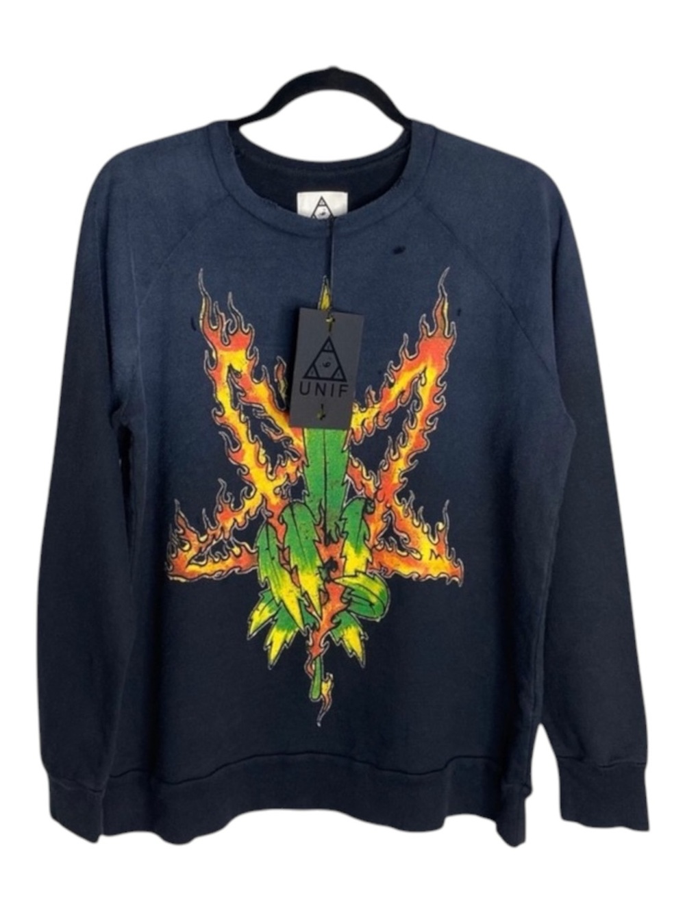 HTF: new UNIF ☻ Burn Me Weed Distressed Sweatshirt ☻ Flames ☻︎ Dirty Black ☻︎ M - Picture 7 of 16